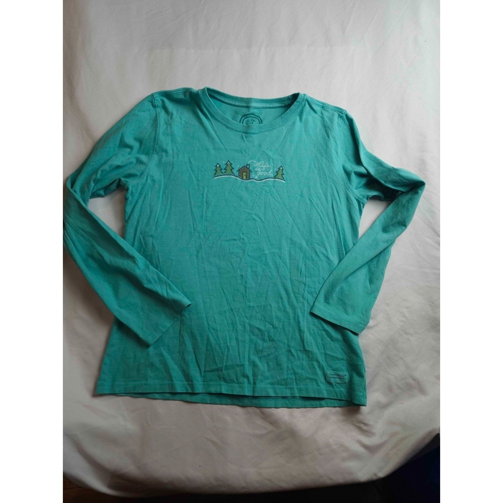 Life Is Good Cabin Trees Graphic Shirt Womens Medium Teal Long Sleeve Cotton Tee